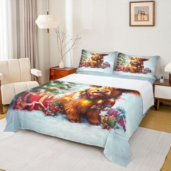 Homewish Christmas Cow Animal Full Size Sheets for Kids, Winter Xmas Tree Bed Sheets, Happy New Year Sheet Sets, Ultra Soft Bedroom Decor, 4-Piece