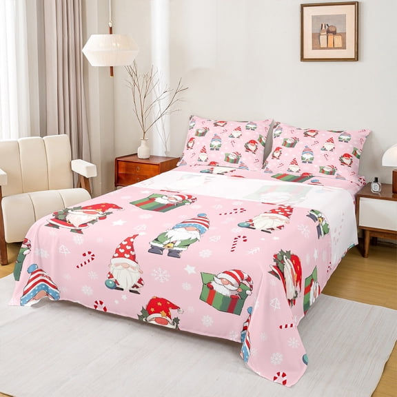 Homewish Christmas Cute Gnome Bed Sheets,Sweet Candy Cane King Sheets,Pink Red Green Sheet Set For Girls Kids,Microfiber Bedroom Decor,4-Piece