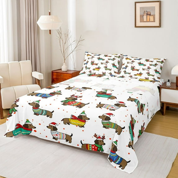 Homewish Christmas Dachshund Kids Bed Sheets, Kawaii Cartoon Dog Animal King Sheets, Fashion Polkadots Sheet Set, Microfiber Bedroom Decor, 4-Piece
