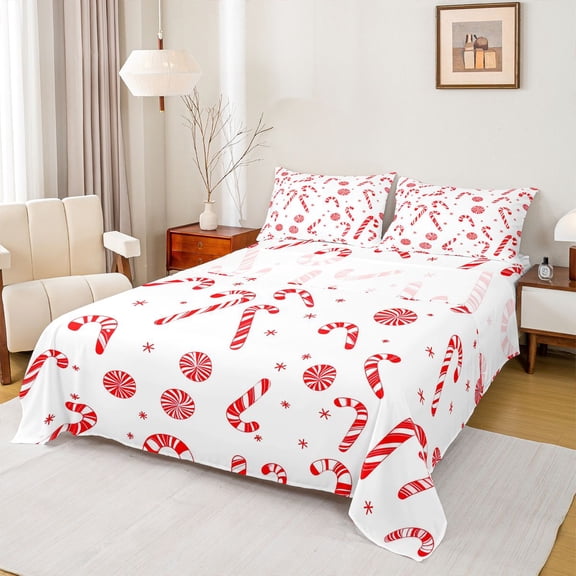 Homewish Christmas Dessert Bed Sheets,Xmas Candy Cane King Sheets,White Red Sheet Set For Girl Boy,Microfiber Bedroom Decor,4-Piece