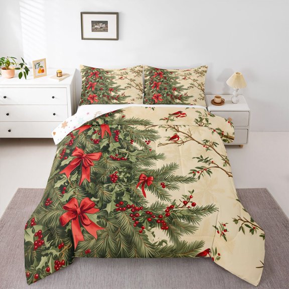 Homewish Christmas Flower Bedding Comforter Set,Red Cherry Twin Comforter Sets,Cartoon Bow Tie Ribbon Bedding Set For Girls Kids,Ultra Soft Home Decor Reversible,2-Piece