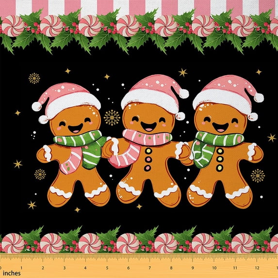Homewish Christmas Flower Candy Fabric by the Yard 3 Yard,Cartoon Gingerbread Man Sewing Fabric,Pink Brown Black Room Decor Fabric by the Yard For Girls Boys,Ultra Soft Home Decor