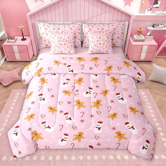 Homewish Christmas Gingerbread Man 7-Piece Twin Bedding Sets,Xmas Snowman Candy Cane Bedding Comforter Set,Pink White Brown Sheet Sets For Girls,Ultra Soft Home Decor Reversible