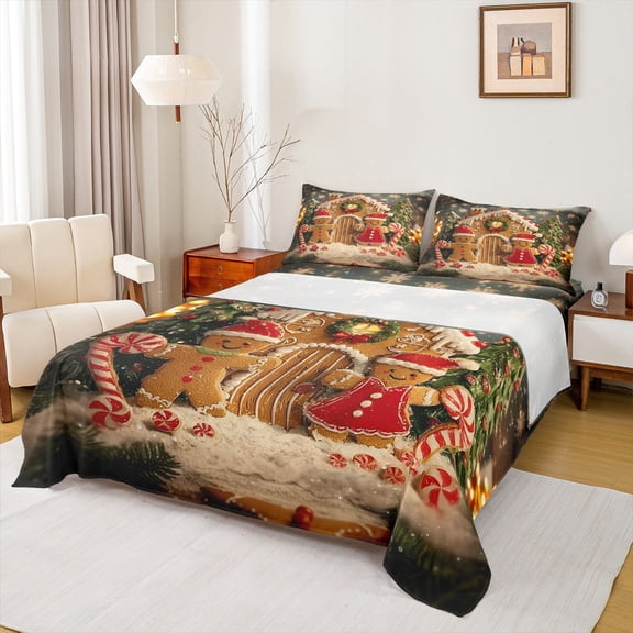 Homewish Christmas Gingerbread Man Full Size Sheets,Xmas Sweet Candy Cane Bed Sheets,Brown Red Green Sheet Sets For Girls,Ultra Soft Home Decor,4 Pieces