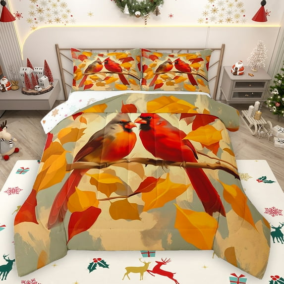Homewish Christmas Red Bird Queen Comforter Set for Teens, Orange Rustic Leaf Bedding Sets, Happy New Year Reversible Bedding Comforter Set, Breathable Home Decor, 3 Pieces