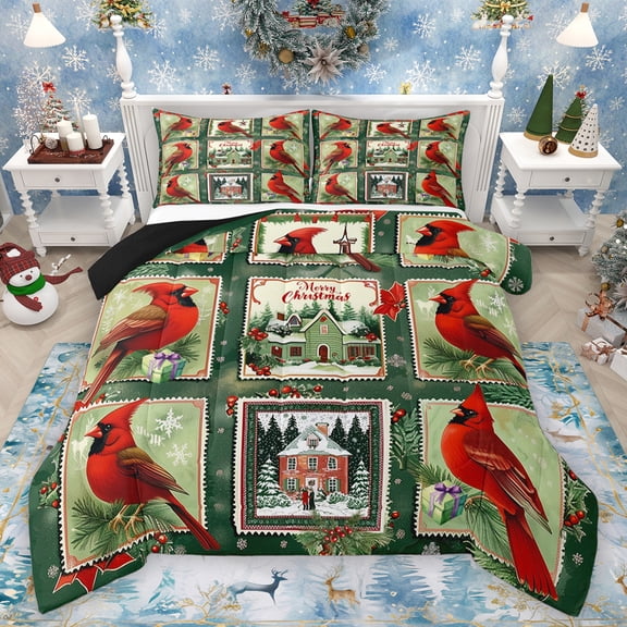 Homewish Christmas Red Robin Queen Comforter Set, Rustic Bird Animal Bedding Sets, Merry Christmas Reversible Bedding Comforter Set, Microfiber Bedroom Decor, 3 Pieces