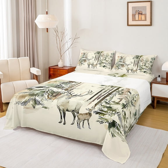 Homewish Christmas Reindeer Deer Queen Sheet Sets, Winter Jungle Tree Flat Sheet, Farmhouse Animal Queen Fitted Sheet, Breathable Home Decor, 4 Pieces