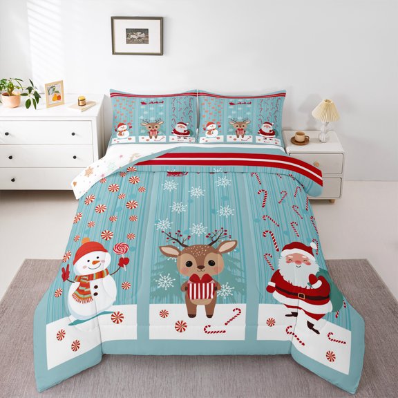 Homewish Christmas Reindeer Elk Queen Comforter Set, Cartoon Winter Snowman Bedding Sets, Magic Santa Claus Reversible Bedding Comforter Set, Lightweight Room Decor, 3 Pieces