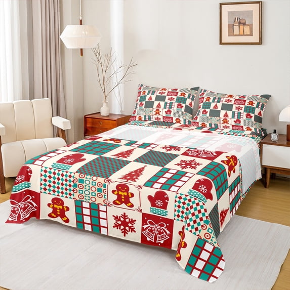 Homewish Christmas Snowflake Full Size Sheets,Patchwork Geometric Checkered Bed Sheets,Red Green Beige Sheet Sets For Girl Kids,Luxury Bedroom Decor,4 Pieces