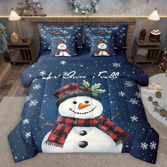 Homewish Christmas Snowman 7-Piece Twin Bedding Sets,Xmas Tree Red Berry Bedding Comforter Set,Happy New Year Sheet Sets For Girl Boys,Super Cozy Room Decor Reversible