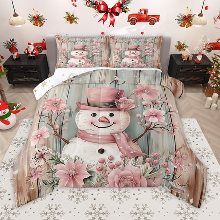 Homewish Xmas Snowman Twin Comforter Set,Rustic Floral Pink Brown,Cozy Reversible Decor For Kids,2-Piece