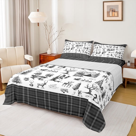 Homewish Christmas Snowman Deer 4 Pieces Queen Sheet Sets for Kids Children Teens,Geometric Grid Plaid Ultra Soft Flat Sheet,Happy Xmas Queen Fitted Sheet,Microfiber Bedroom Decor