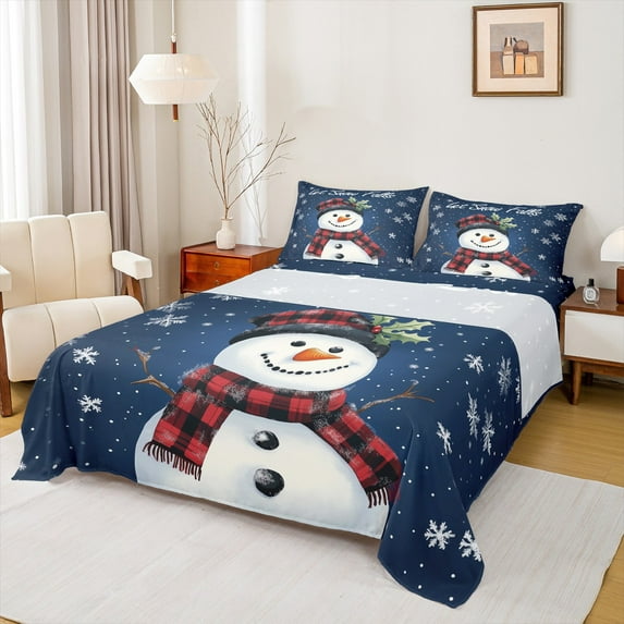 Homewish Christmas Snowman Twin Sheet Sets,Xmas Tree Red Berry Twin Fitted Sheet,Happy New Year Flat Sheet For Girl Boys,Super Cozy Room Decor,3-Piece