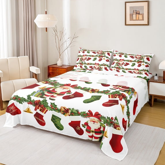 Homewish Christmas Stocking Queen Sheet Sets,Cartoon Santa Claus Flat Sheet,Happy New Year Queen Fitted Sheet For Boys Kids,Microfiber Bedroom Decor,4 Pieces