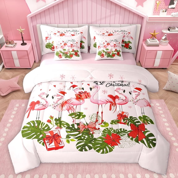 Homewish Christmas Theme Flamingo 7-Piece Bedding Comforter Set,Tropical Monstera Leaf King Bedding Sets,Red Bow Tie Bed Sheets For Girls Kids,Breathable Home Decor Reversible
