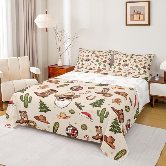 Homewish Christmas Tree Child Twin Sheet Sets, Western Disco Ball Twin Fitted Sheet, Cowgirl Boot Hat Flat Sheet, Luxury Bedroom Decor, 3-Piece