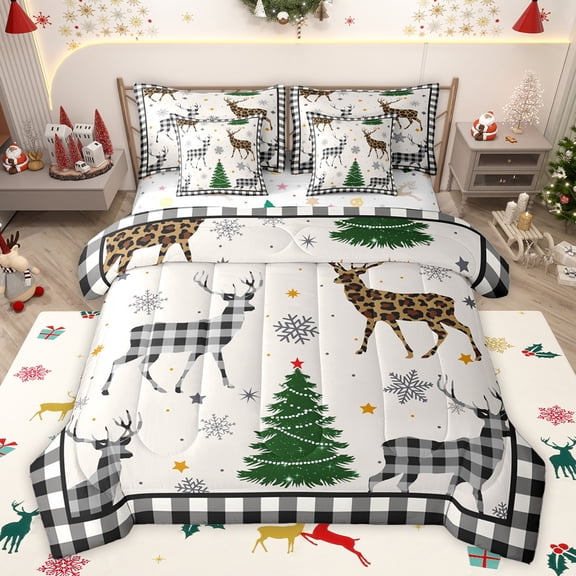 Homewish Christmas Tree Print Bedding Comforter Set 7 Pieces, Cartoon Reindeer Elk Full Bedding Set, Western Fashion Buffalo Reversible Fitted Sheet Flat Sheet, Ultra Soft Bedroom Decor