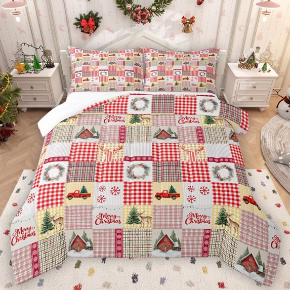 Homewish Christmas Wreath Floral Full Size Comforter Sets,Green Xmas Tree Bedding Comforter Set,Patchwork Geometric Check Bedding Sets For Girl Teens,Microfiber Bedroom Decor,3 Pieces
