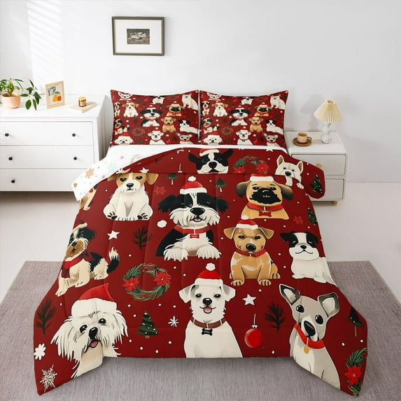 Homewish Christmas Wreath Full Size Comforter Sets,Pet Puppy Dogs Bedding Comforter Set,Merry Xmas Bedding Sets For Boy Girl,Luxury Bedroom Decor Reversible,3 Pieces