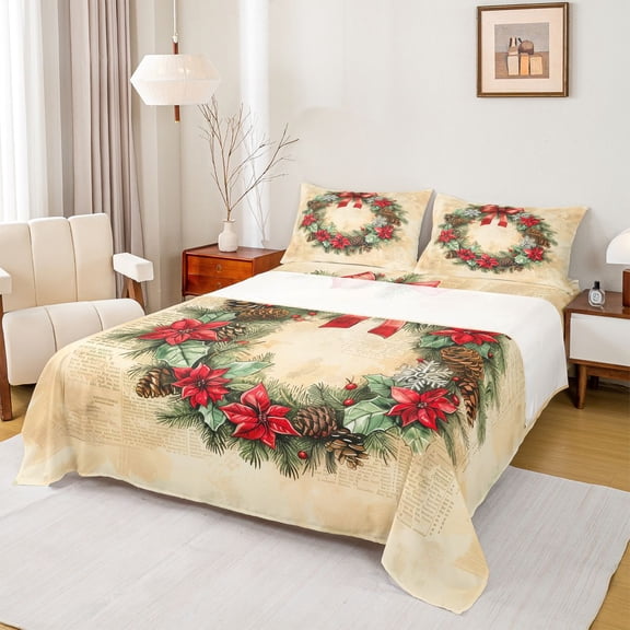 Homewish Christmas Wreath Teens Bed Sheets, Xmas Flower Botanical King Sheets, Happy New Year Sheet Set, Lightweight Room Decor, 4 Pieces