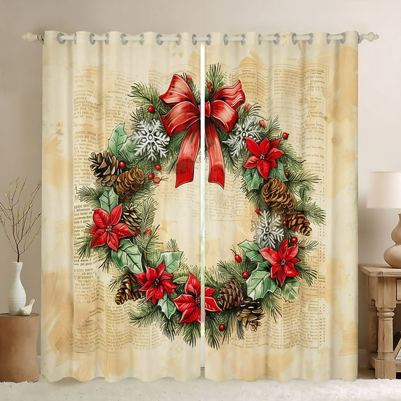 Homewish Christmas Wreath Teens Curtains Pack of 2 (42x84 Each), Xmas Flower Botanical Curtains Blackout, Happy New Year Bedroom Curtains, Curtains and Drapes Decor