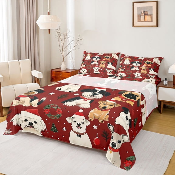 Homewish Christmas Wreath Twin Sheet Sets,Pet Puppy Dogs Twin Fitted Sheet,Merry Xmas Flat Sheet For Boy Girl,Luxury Bedroom Decor,3-Piece