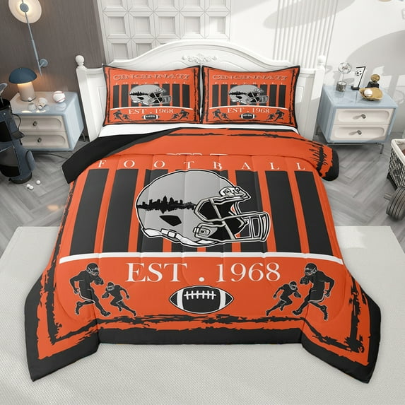 Homewish Cincinnati City Silhouette Bedding Comforter Set,Rugby Sport Theme Twin Comforter Sets,Orange Brown Gray Bedding Set For Boys Kids,Microfiber Bedroom Decor Reversible,2pcs