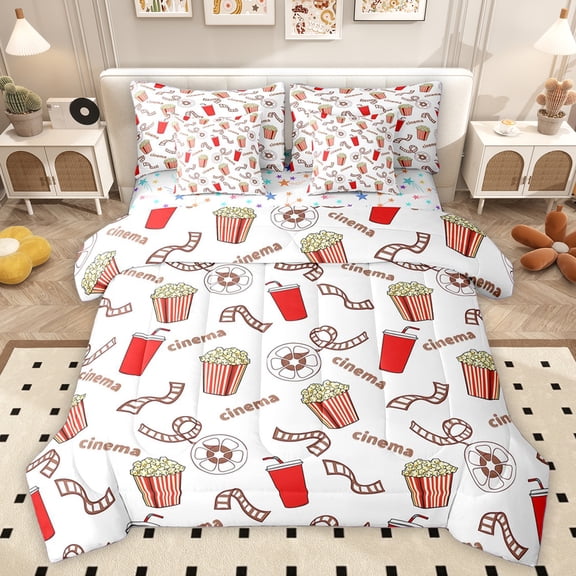 Homewish Cinema Filmstrip 7 Pieces Bedding Comforter Set,Movie Popcorn Full Bedding Set,Movie Theater Fitted Sheet Flat Sheet For Girl Boy,Super Cozy Room Decor Reversible