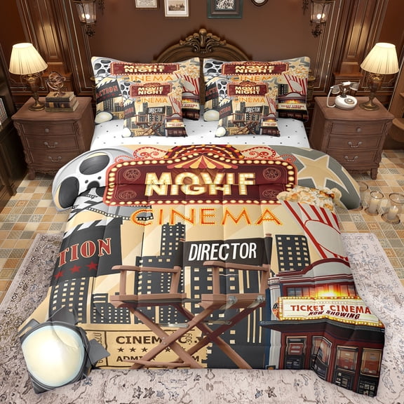Homewish Cinema Ticket 7-Piece Bedding Comforter Set,Movie Theater Theme King Bedding Sets,Vintage Filmstrip Bed Sheets For Boys Kids,Breathable Home Decor
