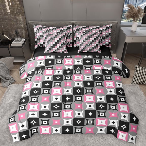 Homewish Circle Checkered Rhombus 7-Piece Bedding Comforter Set,Modern Geometric Textured King Bedding Sets,Pink Black Gray Bed Sheets For Boys Girl,Breathable Home Decor Reversible