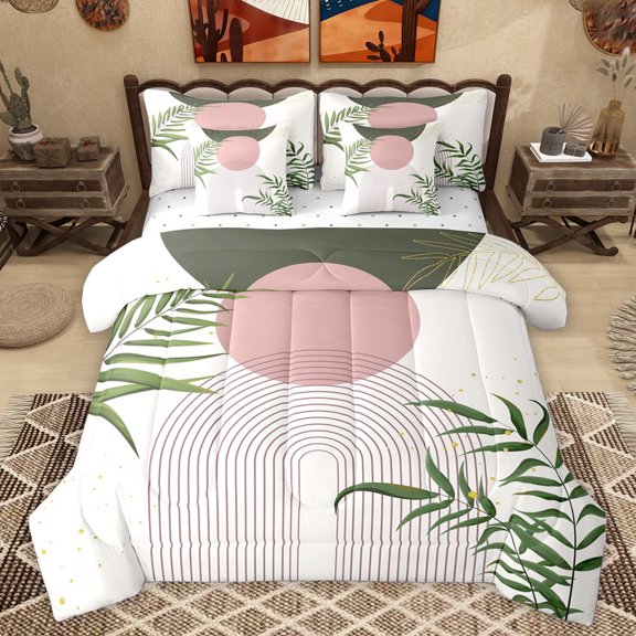 Homewish Circular Lines Pattern 7-Piece Bedding Comforter Set,Abstract Geometric Artistic King Bedding Sets,Green Plam Leaves Bed Sheets For Adults,Breathable Home Decor Reversible