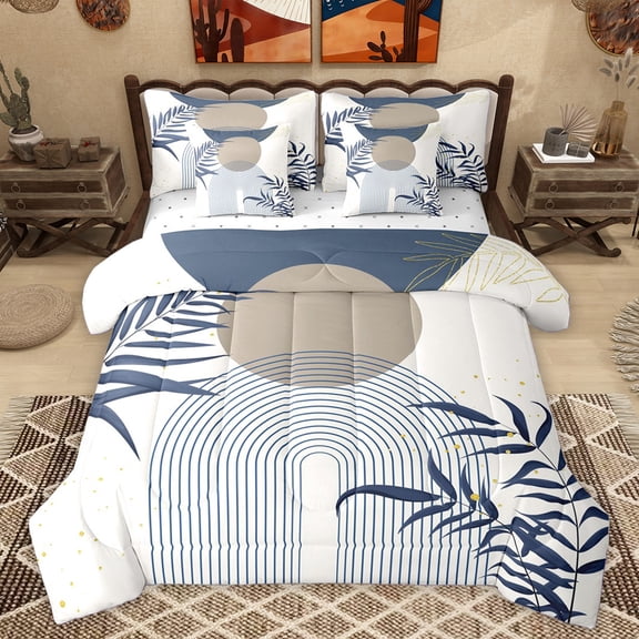 Homewish Circular Lines Pattern 7-Piece Twin Bedding Sets,Abstract Geometric Artistic Bedding Comforter Set,Green Rustic Leaves Sheet Sets For Adults,Breathable Home Decor Reversible