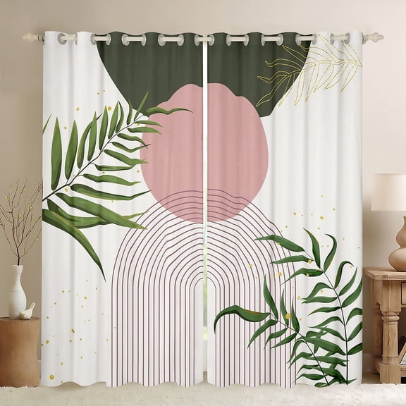 Homewish Circular Lines Pattern Black Out Curtains,Abstract Geometric Artistic Curtains Pack of 2 (42x63 Each),Green Plam Leaves Bedroom Curtains For Adults,Breathable Home Decor
