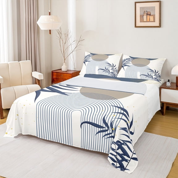 Homewish Circular Lines Pattern Queen Sheet Sets,Abstract Geometric Artistic Flat Sheet,Green Rustic Leaves Queen Fitted Sheet For Adults,Breathable Home Decor,4 Pieces