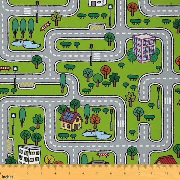 Homewish City Road Map Fabric by the Yard 2 Yard,Modern Desgin Room Decor Fabric by the Yard,Green Gray Fabric for Sewing For Boys Girl,Breathable Home Decor