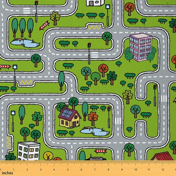 Homewish City Road Map Fabric by the Yard 2 Yard,Modern Desgin Room Decor Fabric by the Yard,Green Gray Fabric for Sewing For Boys Girl,Breathable Home Decor