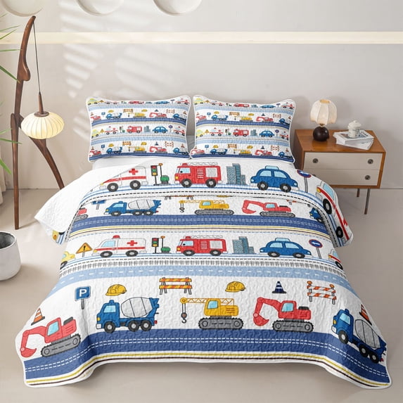 Homewish City Vehicle Striped Twin Quilt Set For Boys And Girls,Red Yellow Blue Emergency Truck Twin Coverlet Set,2 Pieces