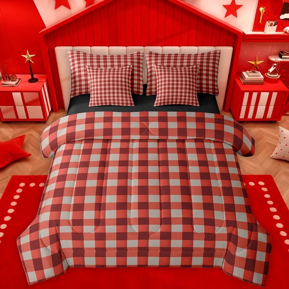 Homewish Classic Buffalo Plaid 7-Piece Bedding Comforter Set,Checkered Geometric King Bedding Sets,Red Gray Grid Bed Sheets For Girls Boys,Super Cozy Room Decor Reversible
