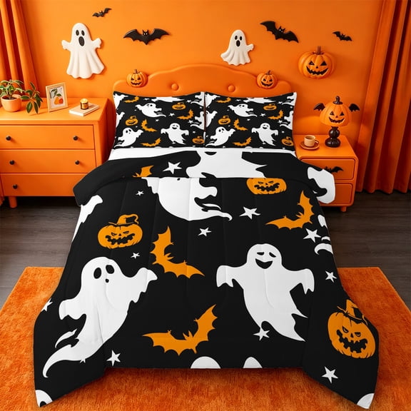 Homewish Classic Cartoon Halloween Ghost Twin Comforter Sets,Bat Pumpkin Pattern Bedding Set,Black White Orange,Black Reversible,2-Piece,1 Comforter and 1 Pillowcase