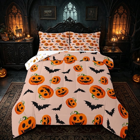 Homewish Classic Cartoon Pumpkin Full Size Comforter Sets for Kids, Orange Spooky Sugar Bat Bedding Comforter Set, Halloween Reversible, 3 Pieces, 1 Comforter and 2 Pillowcases
