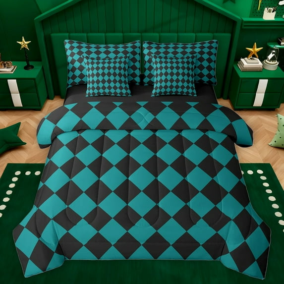 Homewish Classic Check Pattern 7-Piece Bedding Comforter Set,Geometric Rhombus Print King Bedding Sets,Green Black Bed Sheets For Kids,Super Cozy Room Decor Reversible