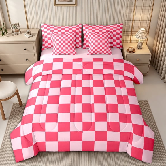 Homewish Classic Checkerboard Full Size Bedding Sets 7 Pieces for Girls, Geometric Gingham Full Size Bed in a Bag, Hot Pink,Pink Reversible