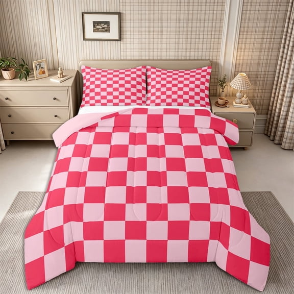 Homewish Classic Checkerboard Full Size Comforter Sets 3-Piece for Girls, Geometric Gingham Bedding Comforter Set, Hot Pink,Pink Reversible,1 Comforter and 2 Pillowcases