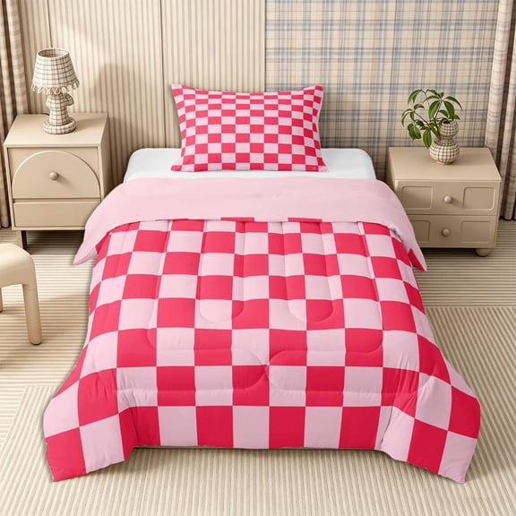 Homewish Classic Checkerboard Twin Comforter Sets 2pcs for Girls, Geometric Gingham Bedding Set, Hot Pink,Pink Reversible,1 Comforter and 1 Pillowcase