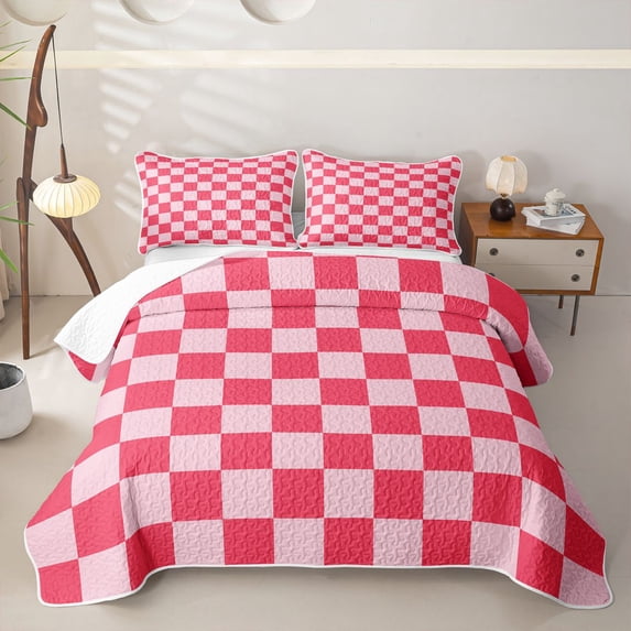 Homewish Classic Checkerboard Twin Quilt Set for Girls, Geometric Gingham Twin Coverlet Set, Hot Pink