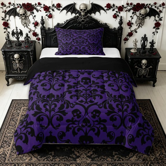 Homewish Classic Damask Skull Twin Comforter Sets for Kids, Violet Vintage Gothic Floral Bedding Set, Black Reversible, 2 Pieces, 1 Comforter and 1 Pillowcase