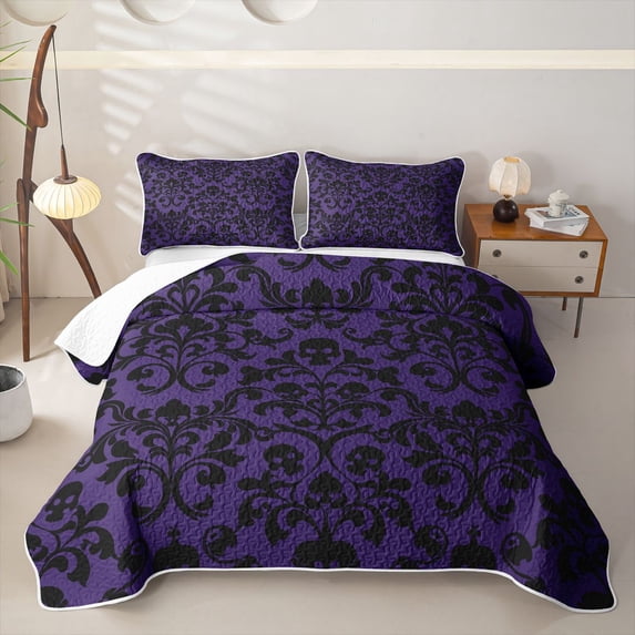 Homewish Classic Damask Skull Twin Quilt Set for Boys Girls, Violet Vintage Gothic Floral Twin Coverlet Set, 2 Pieces