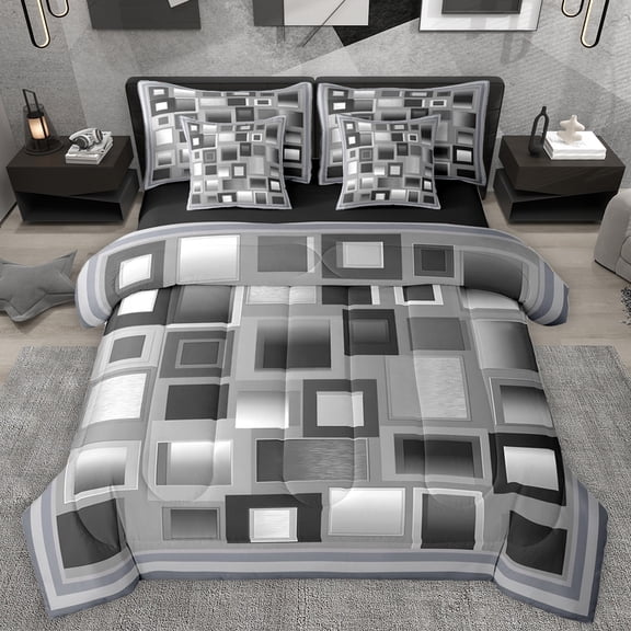 Homewish Classic Geometric Checkered 7-Piece Twin Bedding Sets,Modern Abstract Buffalo Bedding Comforter Set,Gray Black Sheet Sets For Adults,Breathable Home Decor Reversible