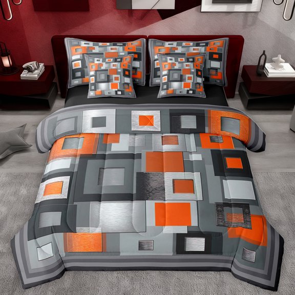 Homewish Classic Geometric Checkered 7-Piece Twin Bedding Sets,Modern Abstract Buffalo Bedding Comforter Set,Orange Gray Sheet Sets For Adults,Breathable Home Decor Reversible