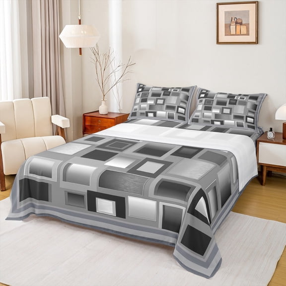 Homewish Classic Geometric Checkered Full Size Sheets,Modern Abstract Buffalo Bed Sheets,Gray Black Sheet Sets For Adults,Breathable Home Decor,4pcs